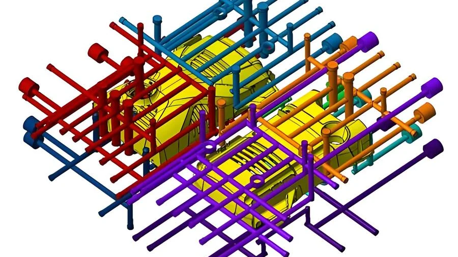 Cross-section of a mold illustrating cooling channel design mistakes.