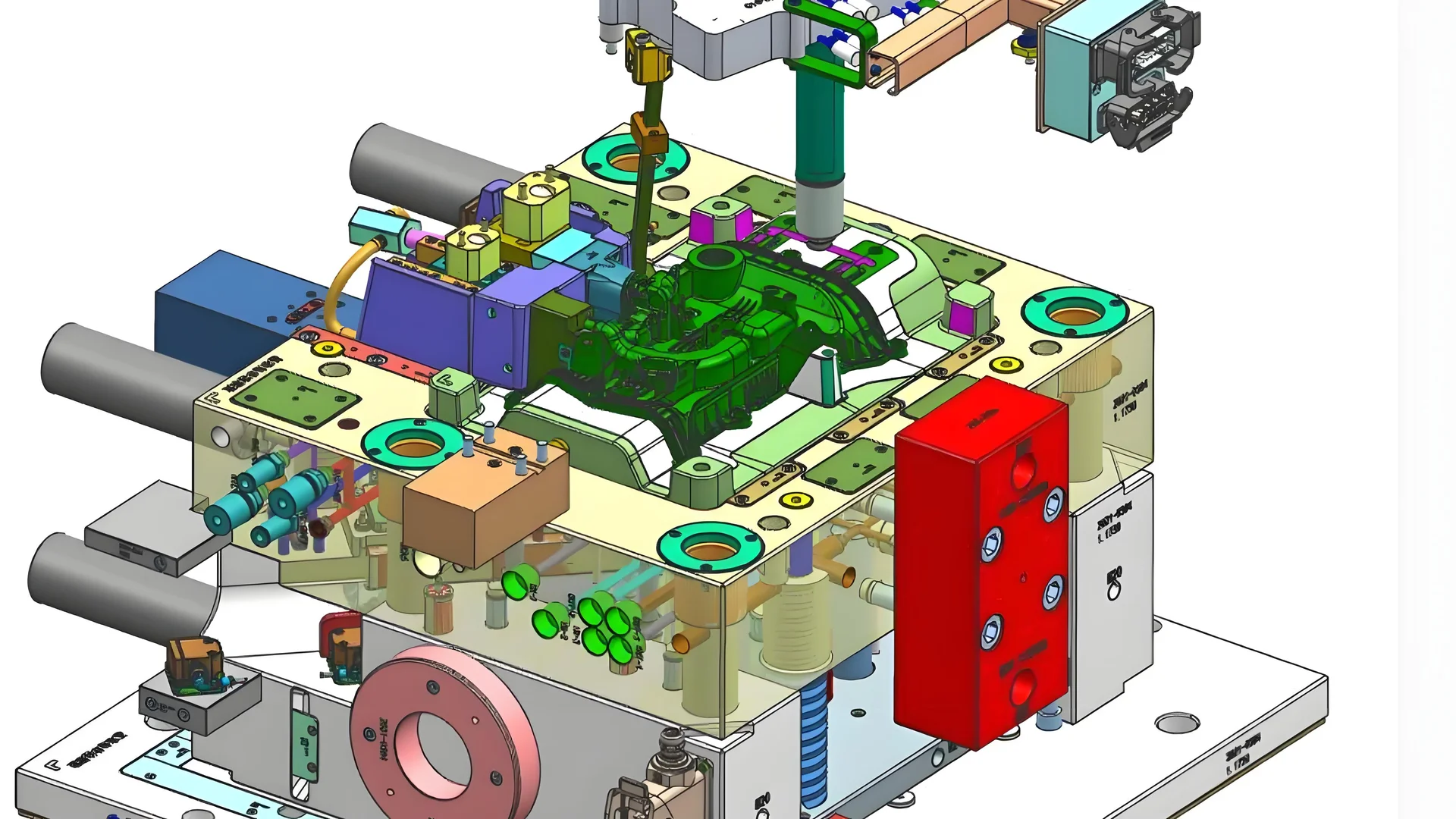 A detailed close-up of an injection mold design in a manufacturing setting.