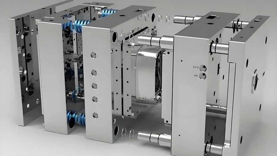 Three-dimensional rendering of a complex mechanical assembly with metallic finish