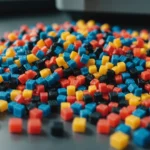 Close-up of ABS and PLA plastic granules with injection molding machine in background