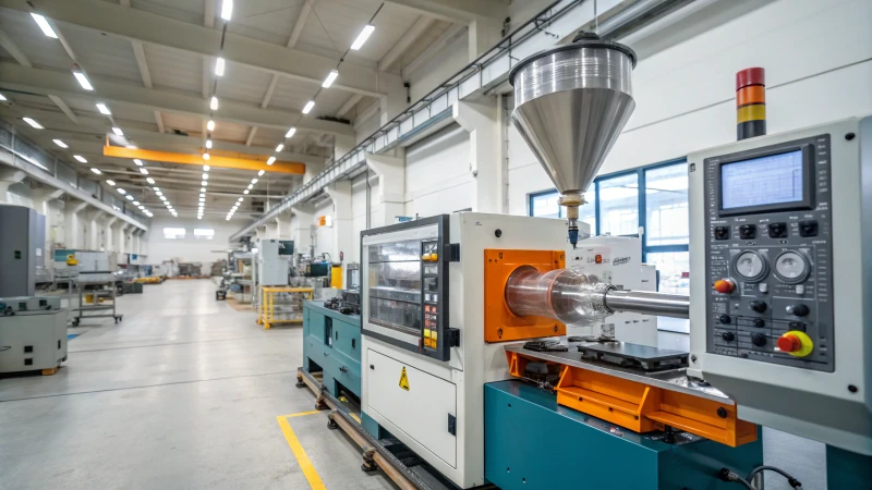 Close-up of an advanced injection molding machine during cooling phase