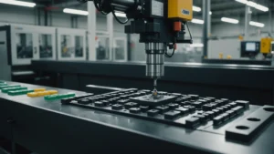 Close-up of injection molding machine with plastic parts and antioxidant chemical symbols.