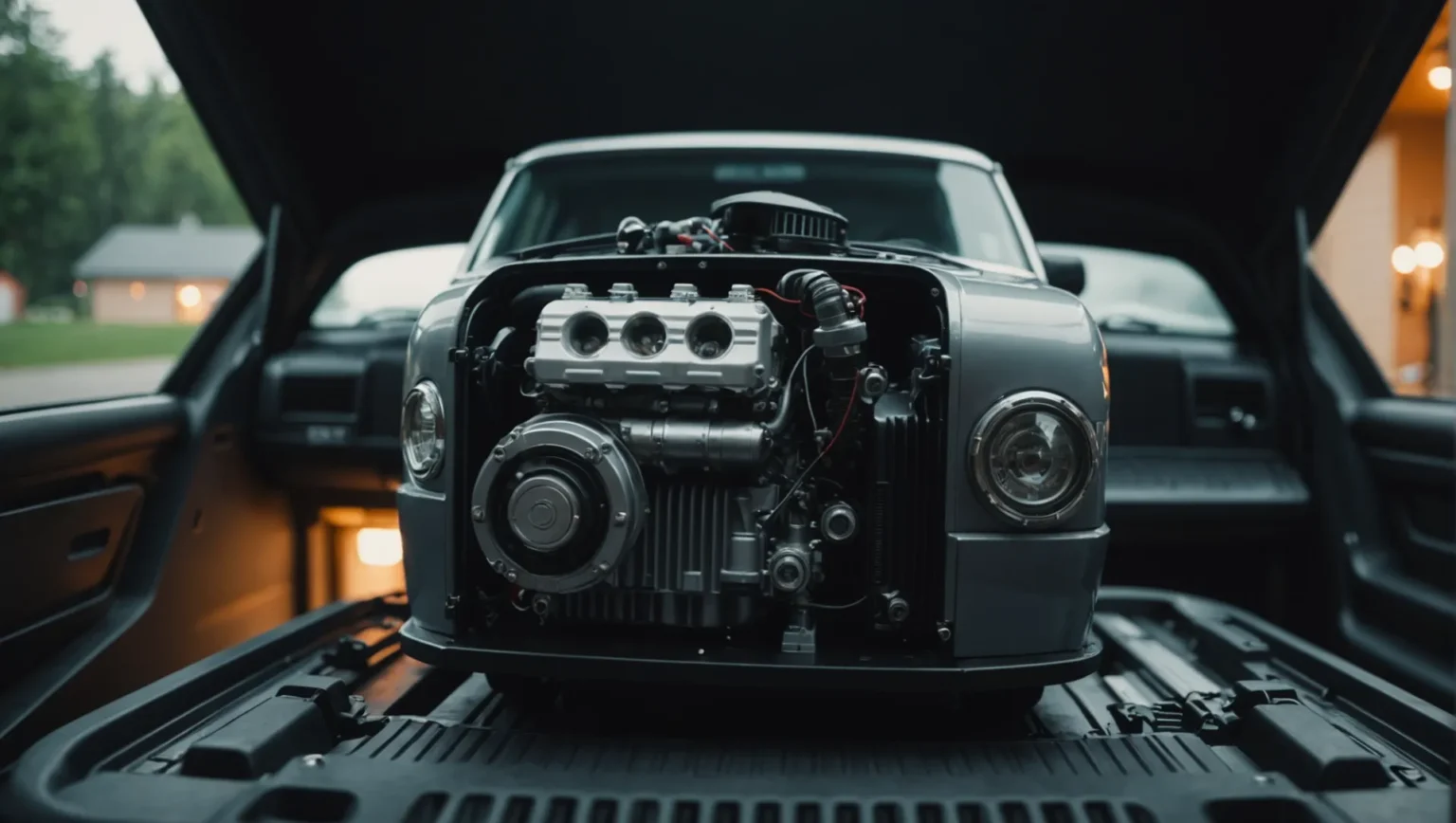An automotive engine compartment showcasing the dog house component.
