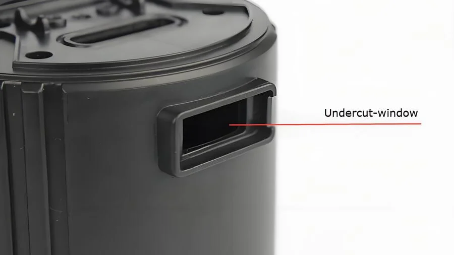 3D rendered image of injection molding process with detailed focus on undercut areas and mechanical solutions.