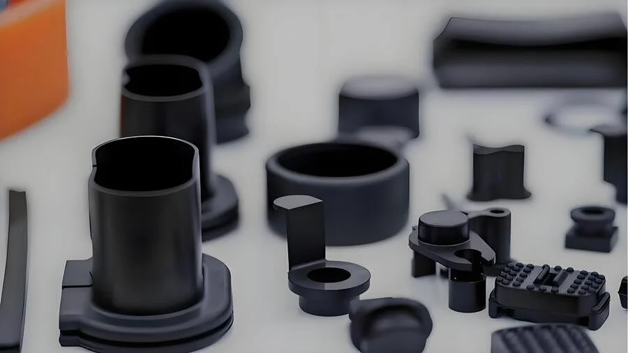A collection of black plastic mechanical components on a light surface