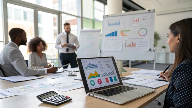 A professional business meeting room with diverse professionals discussing charts on a laptop.