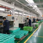 A busy injection molding factory with workers and advanced machinery