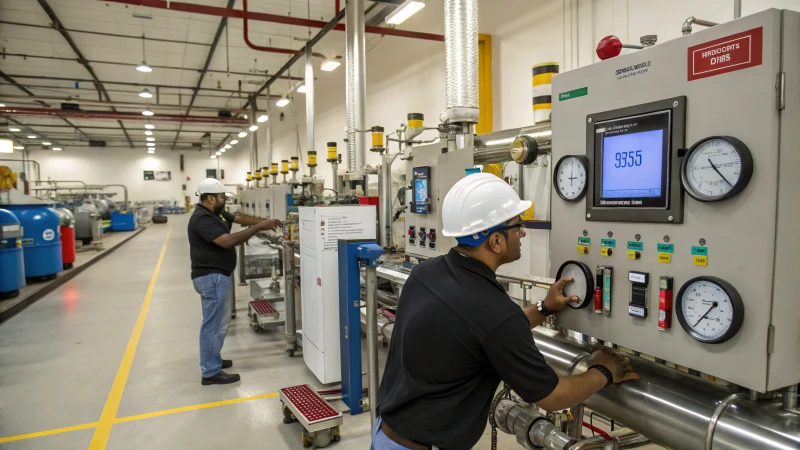 Workers adjusting machinery in a busy manufacturing facility