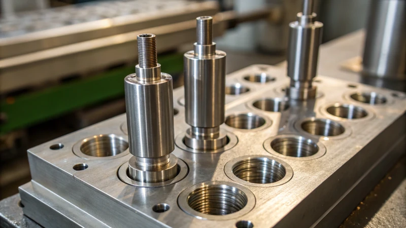 Close-up of metallic guide parts in injection molding