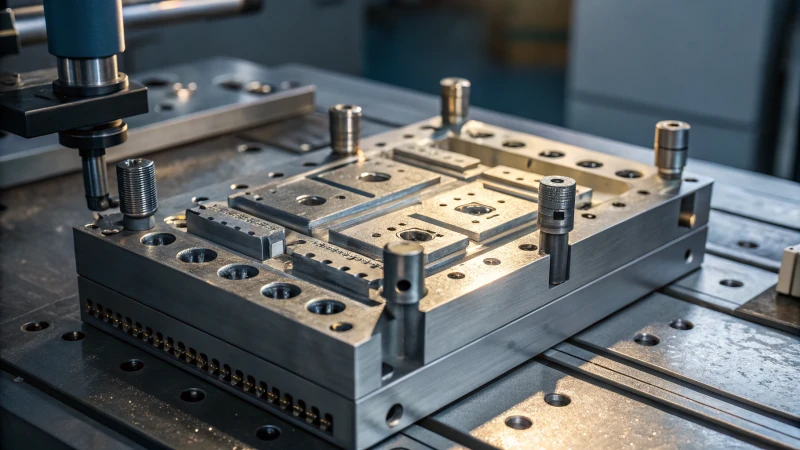 Close-up of injection mold showing ejector mechanisms