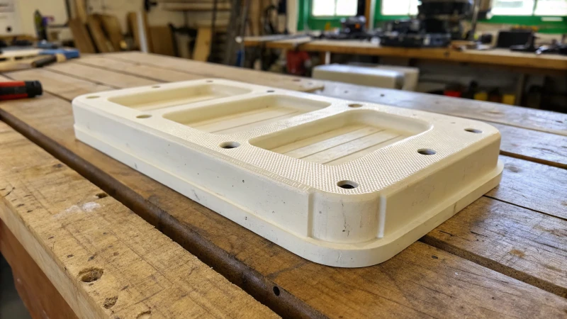 Close-up of a plastic component on a wooden workbench