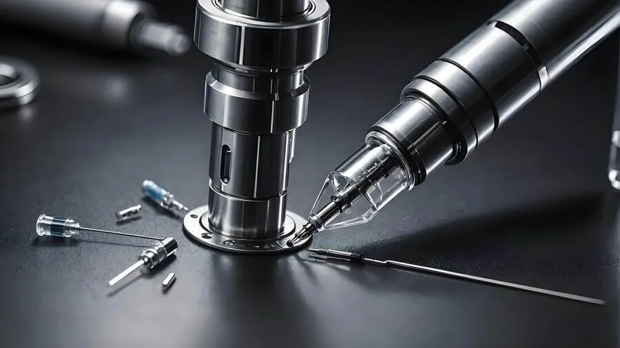 Close-up of a metallic injector device with syringes and needles in a sterile environment
