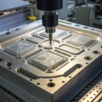 Close-up of a complex mold cavity design showcasing intricate patterns
