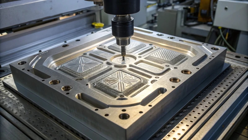Close-up of a complex mold cavity design showcasing intricate patterns