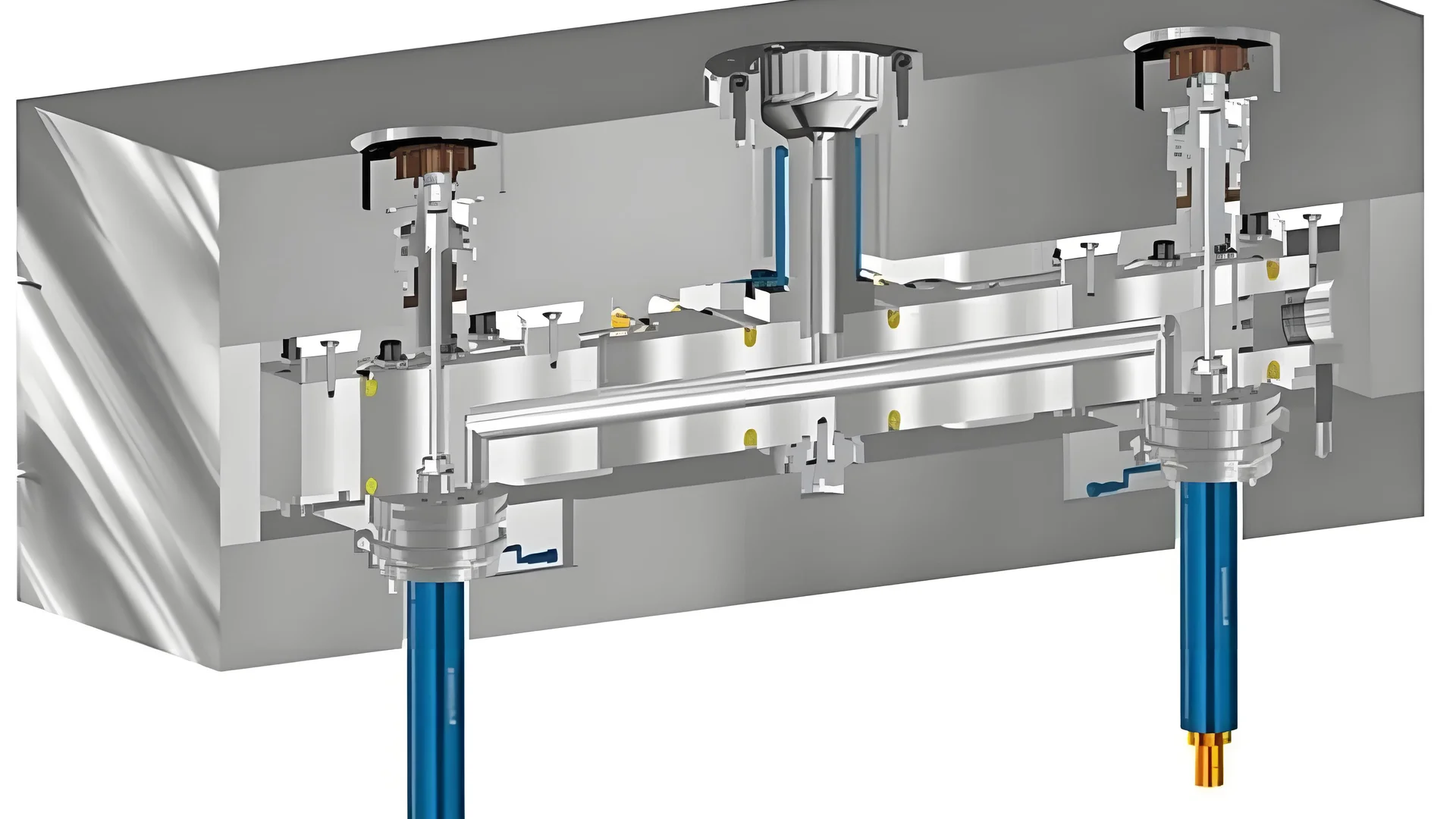 Photorealistic illustration of an injection molding runner system