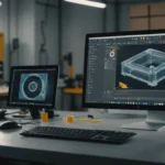 Крупный план пластиковой формы и 3D-модели CAD на экране компьютера.