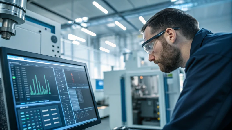 Engineer analyzing data in a modern manufacturing facility