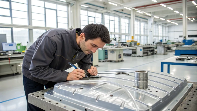 Engineer inspecting a large metal mold in a modern manufacturing facility.