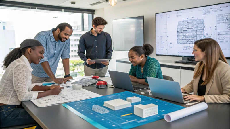 A diverse group of engineers collaborating around a conference table.