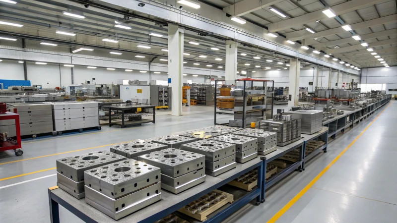 A factory floor showcasing various molds on shelves with machines in the background