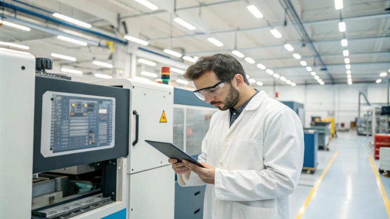 Engineer with safety goggles and lab coat examining tablet in front of injection molding machine