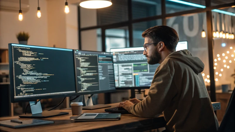 A programmer working in a modern office with multiple monitors displaying code.