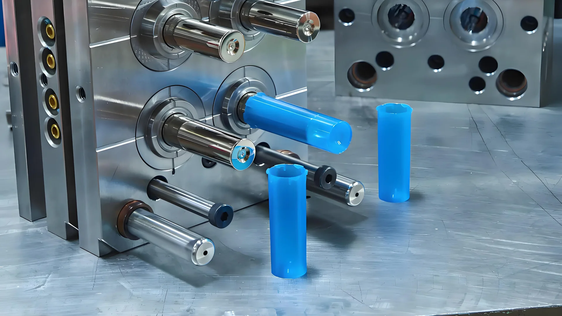 Close-up of a manufacturing mold with blue plastic components
