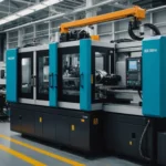 Close-up of high-speed injection molding machine in action