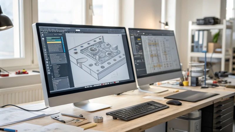 A modern computer workstation with dual monitors and CAD software