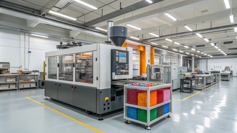 A high-tech laboratory featuring a large plastic injection molding machine surrounded by organized workspaces.