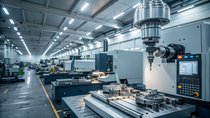A high-tech machining workshop with CNC machines and tools.
