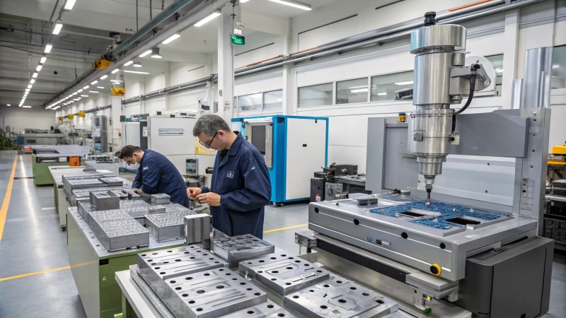High-tech mold manufacturing facility with technicians inspecting molds