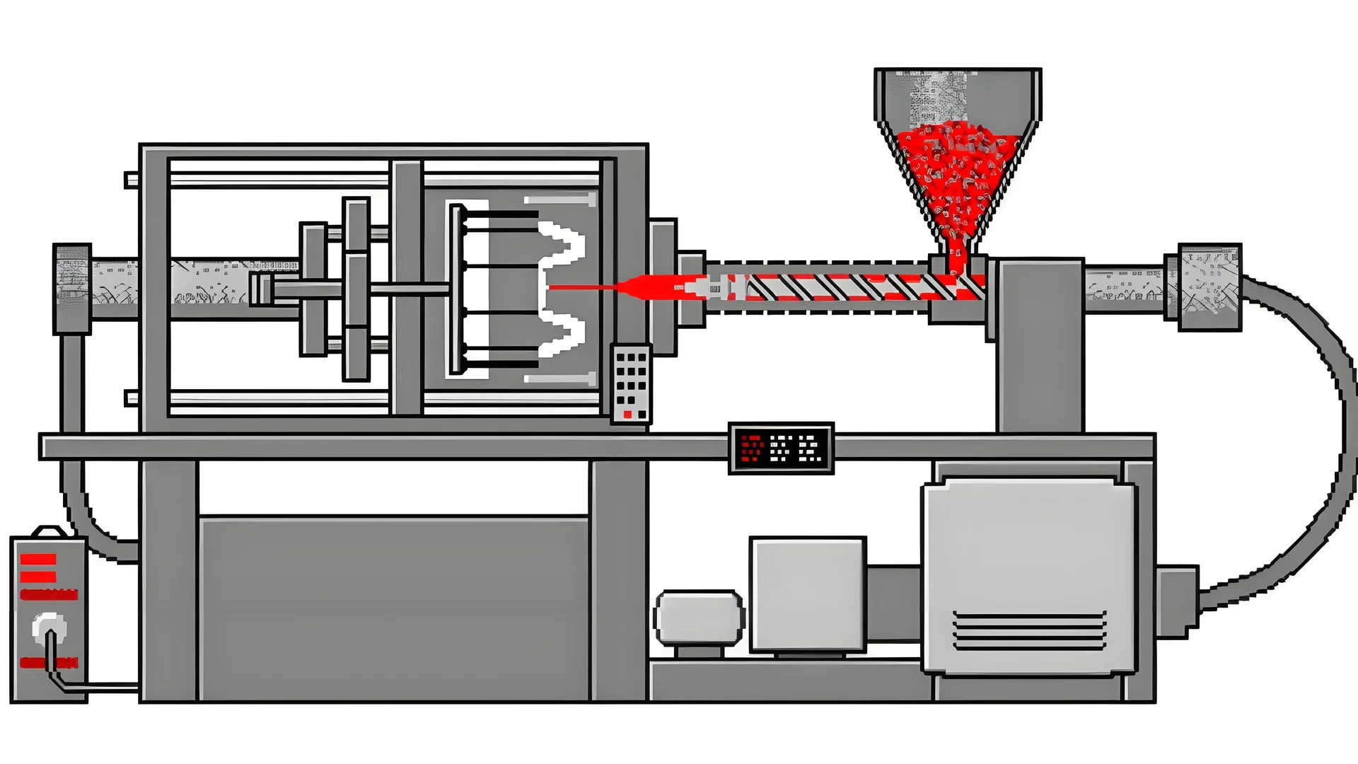 Injection molding machine in action with plastic parts being produced