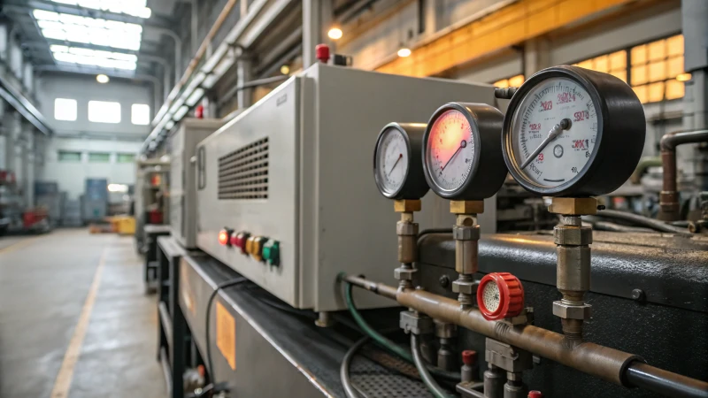 Close-up view of an industrial injection molding machine's heating system