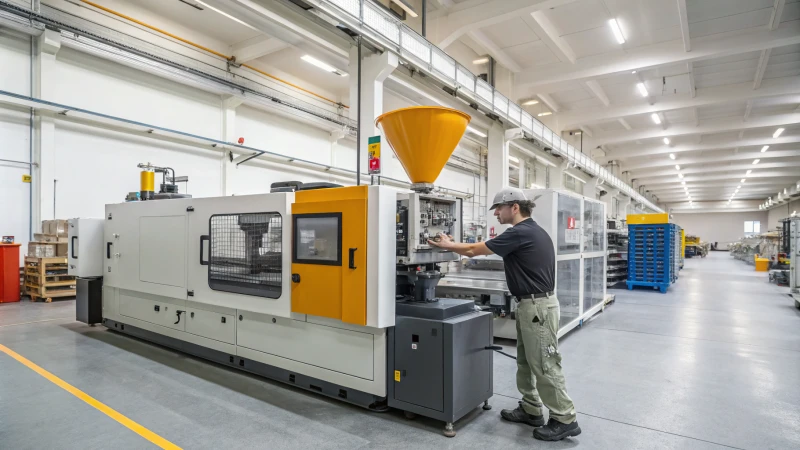 A plastic injection molding machine in operation, injecting molten plastic into a mold.