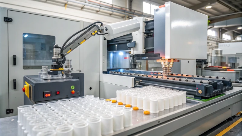 Industrial injection molding machine in operation