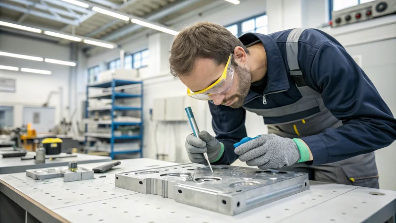 An industrial technician inspecting a metallic mold on a workbench.