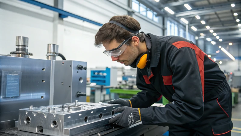 A factory worker inspecting an injection mold next to a molding machine.