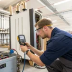 A technician measuring a machine in a bright industrial workshop