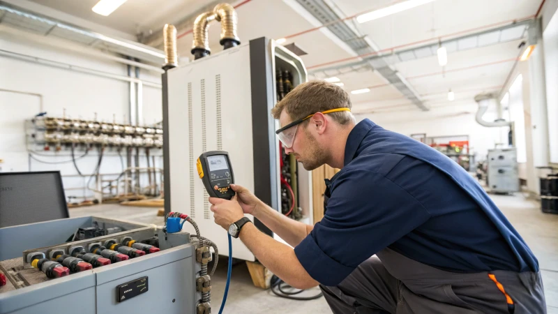 A technician measuring a machine in a bright industrial workshop