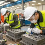 Professionals inspecting injection molds in a busy industrial workspace