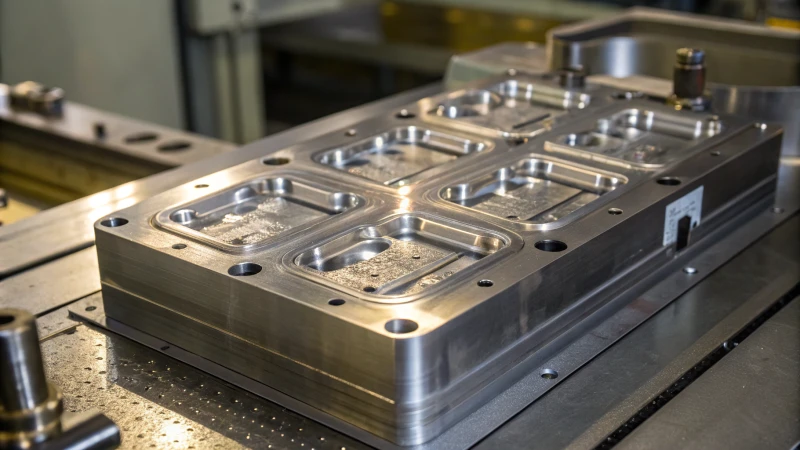 Close-up of a metallic injection mold with multiple gates