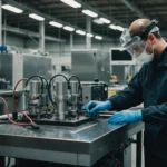 Technician cleaning injection mold cooling pipes using ultrasonic equipment