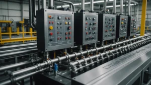 Injection mold cooling system setup with various components.
