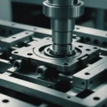 Close-up of an injection mold guide mechanism in operation, showing intricate details and precision engineering.