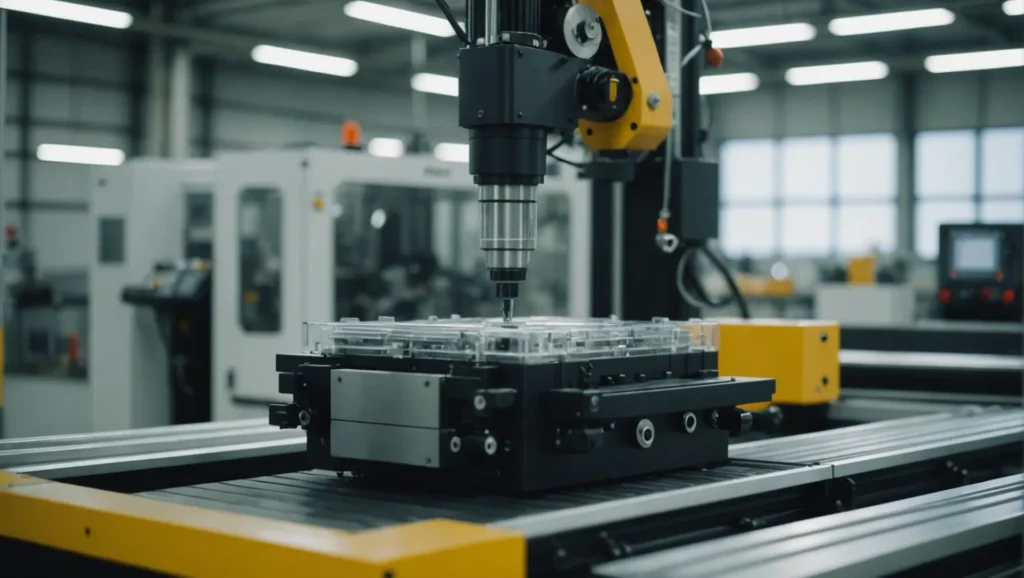 Modern injection mold machinery in action with packaging products