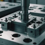 An industrial injection mold in a manufacturing setting, showcasing its intricate design and robust materials.