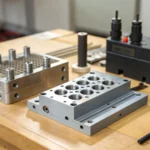 Close-up of injection mold parts on a workbench