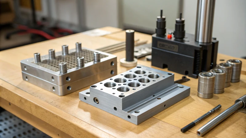Close-up of injection mold parts on a workbench