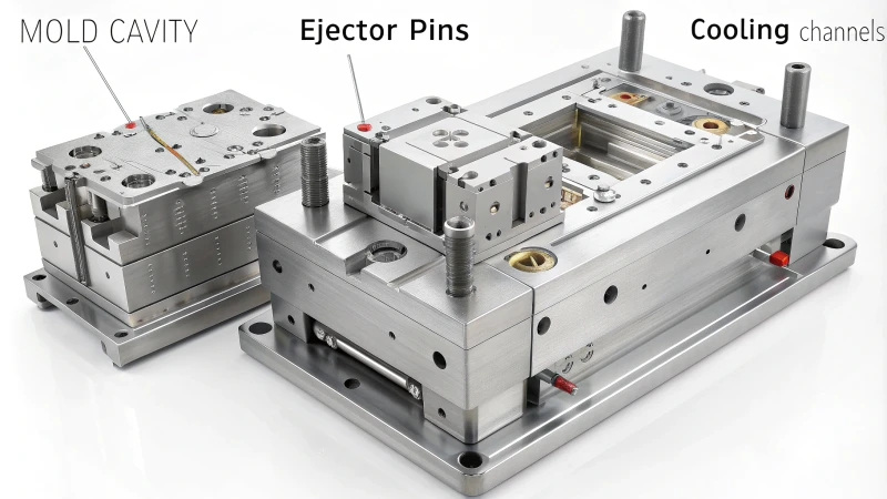 Technical illustration of an injection mold structure with labeled components
